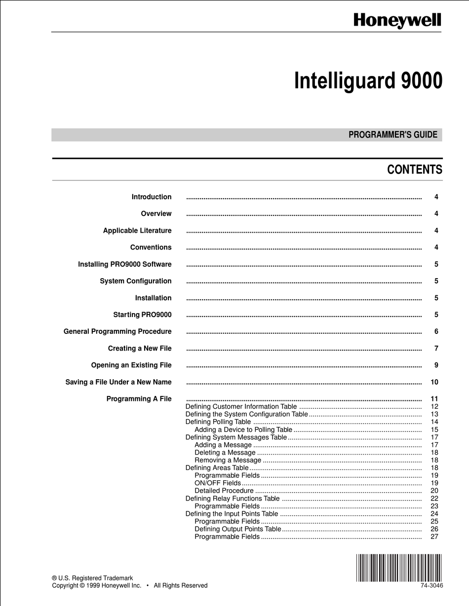 HONEYWELL INTELLIGUARD 9000 SECURITY SYSTEM PROGRAMMER