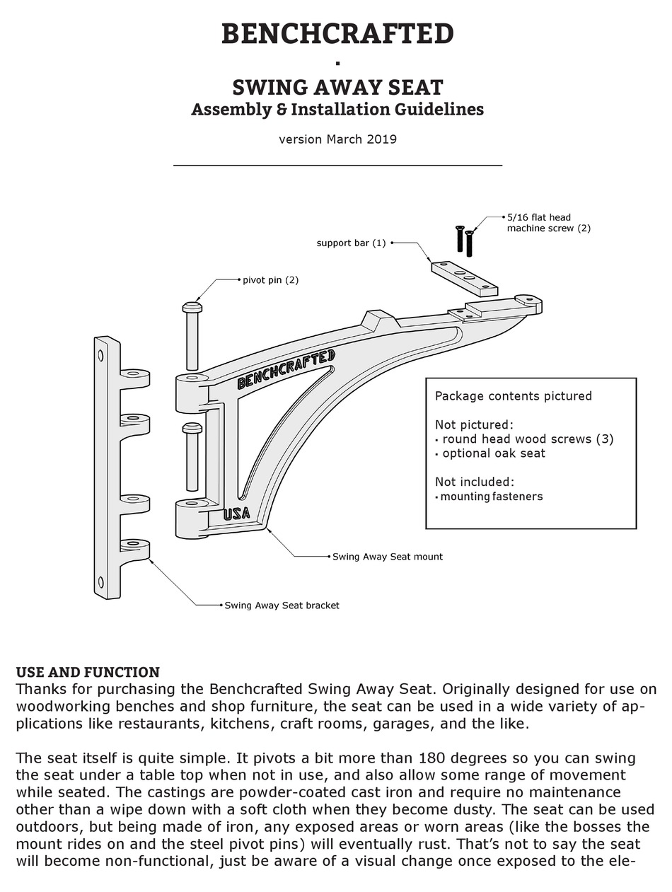 BENCHCRAFTED SWING AWAY SEAT INDOOR FURNISHING ASSEMBLY & INSTALLATION