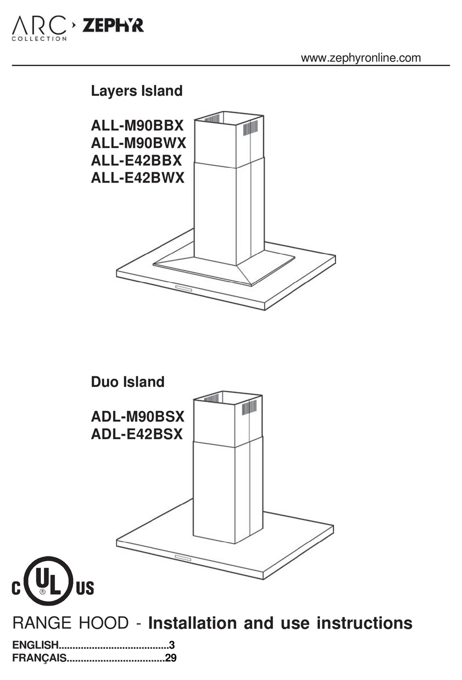 ZEPHYR ALLM90BBX VENTILATION HOOD INSTALLATION AND USE INSTRUCTIONS