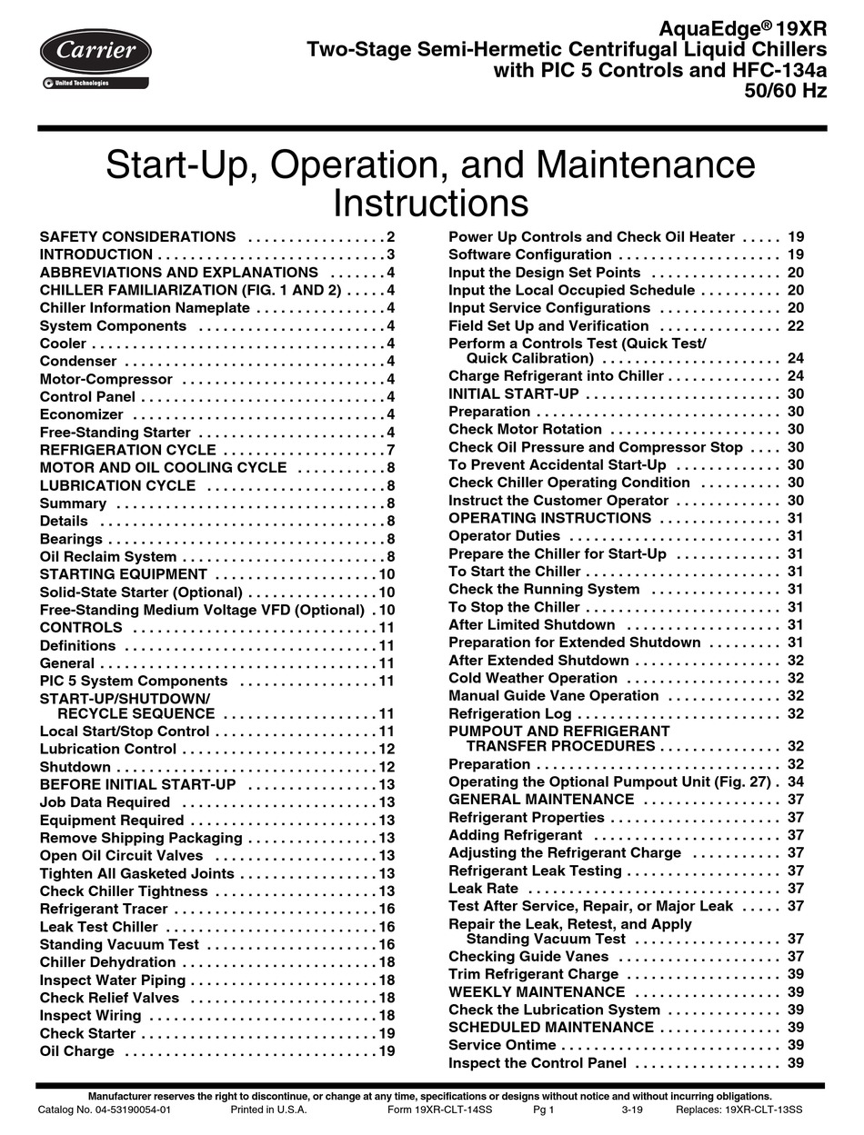 CARRIER AQUAEDGE 19XR CHILLER STARTUP, OPERATION AND MAINTENANCE