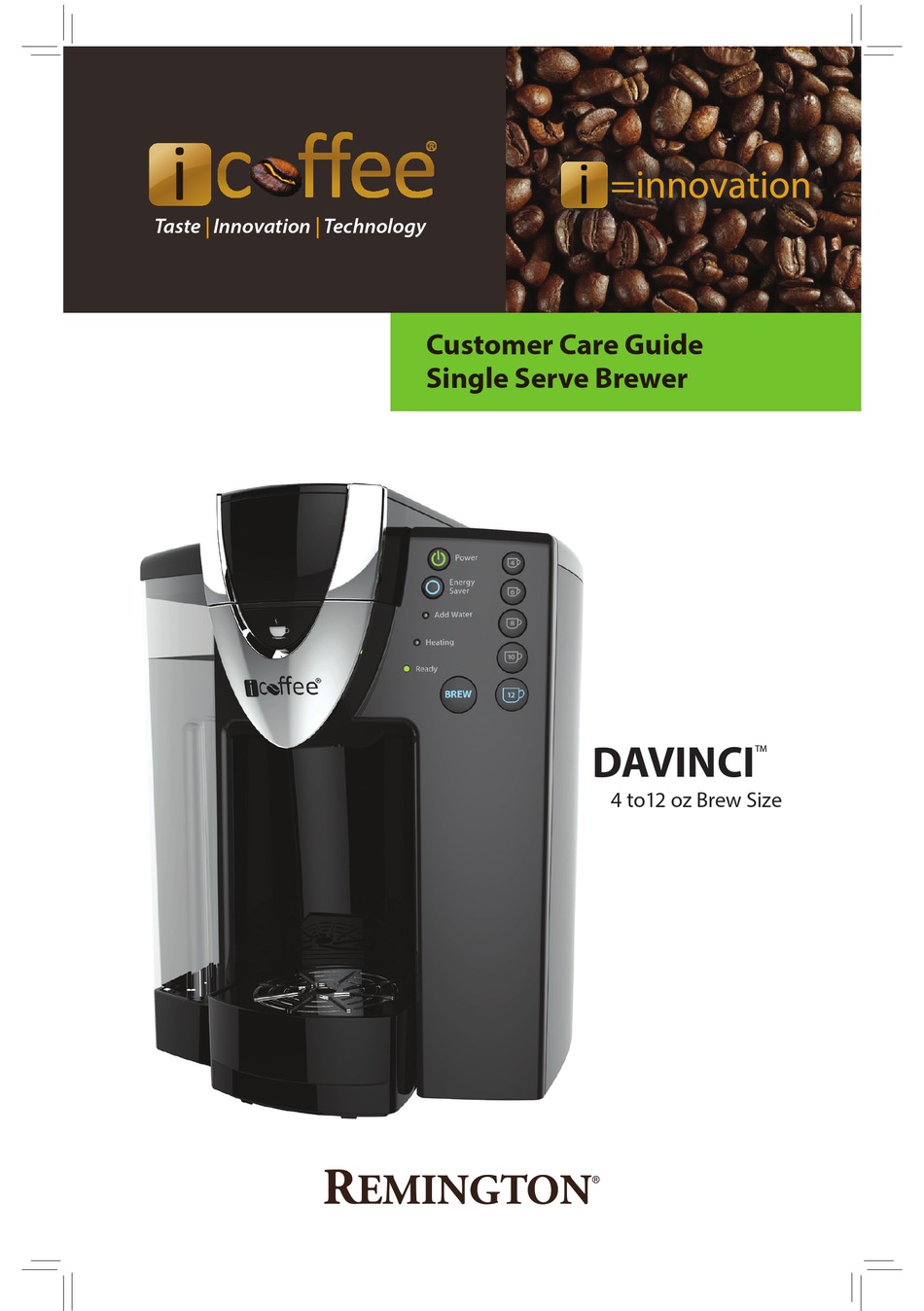 REMINGTON ICOFFEE DAVINCI CUSTOMER CARE MANUAL Pdf Download | ManualsLib