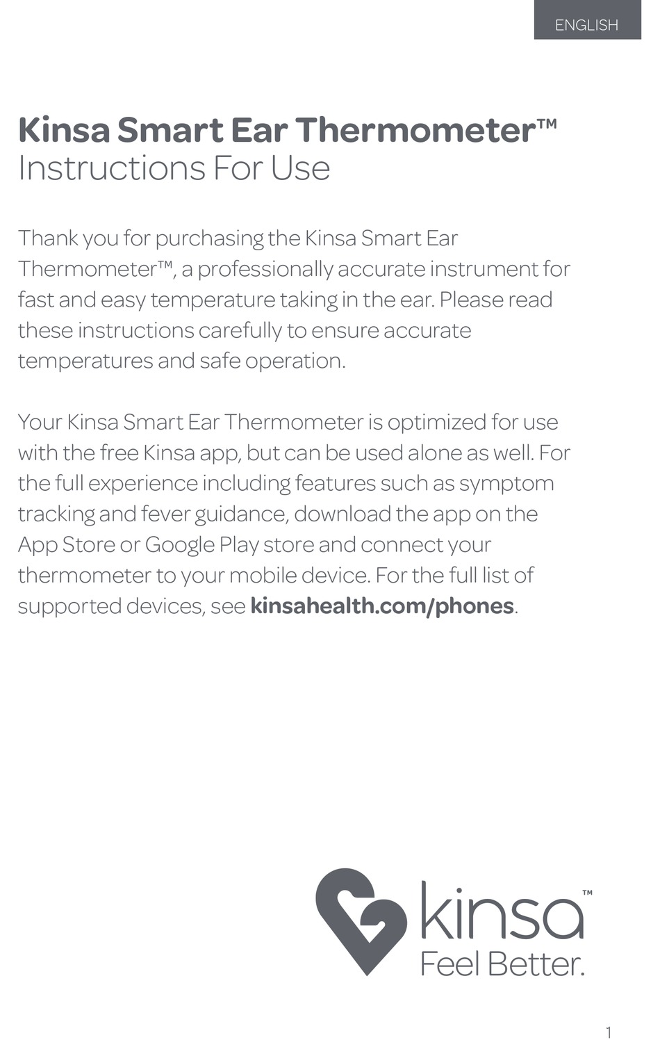 KINSA SMART EAR THERMOMETER A10240 THERMOMETER INSTRUCTIONS FOR USE