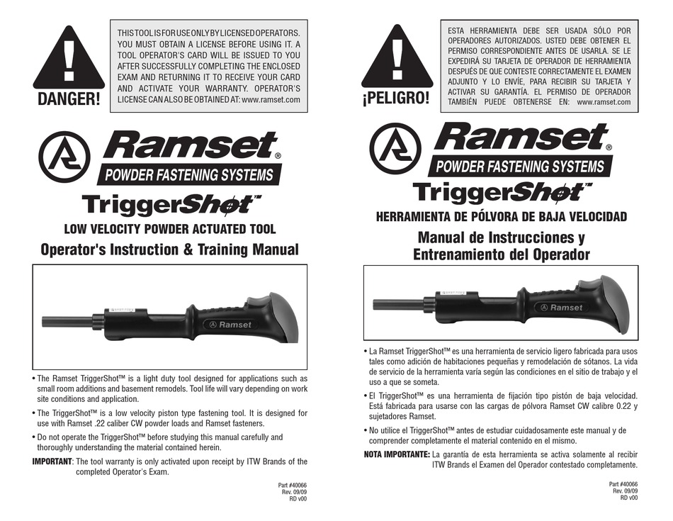 RAMSET TRIGGERSHOT TOOL OPERATOR'S INSTRUCTION & TRAINING MANUAL
