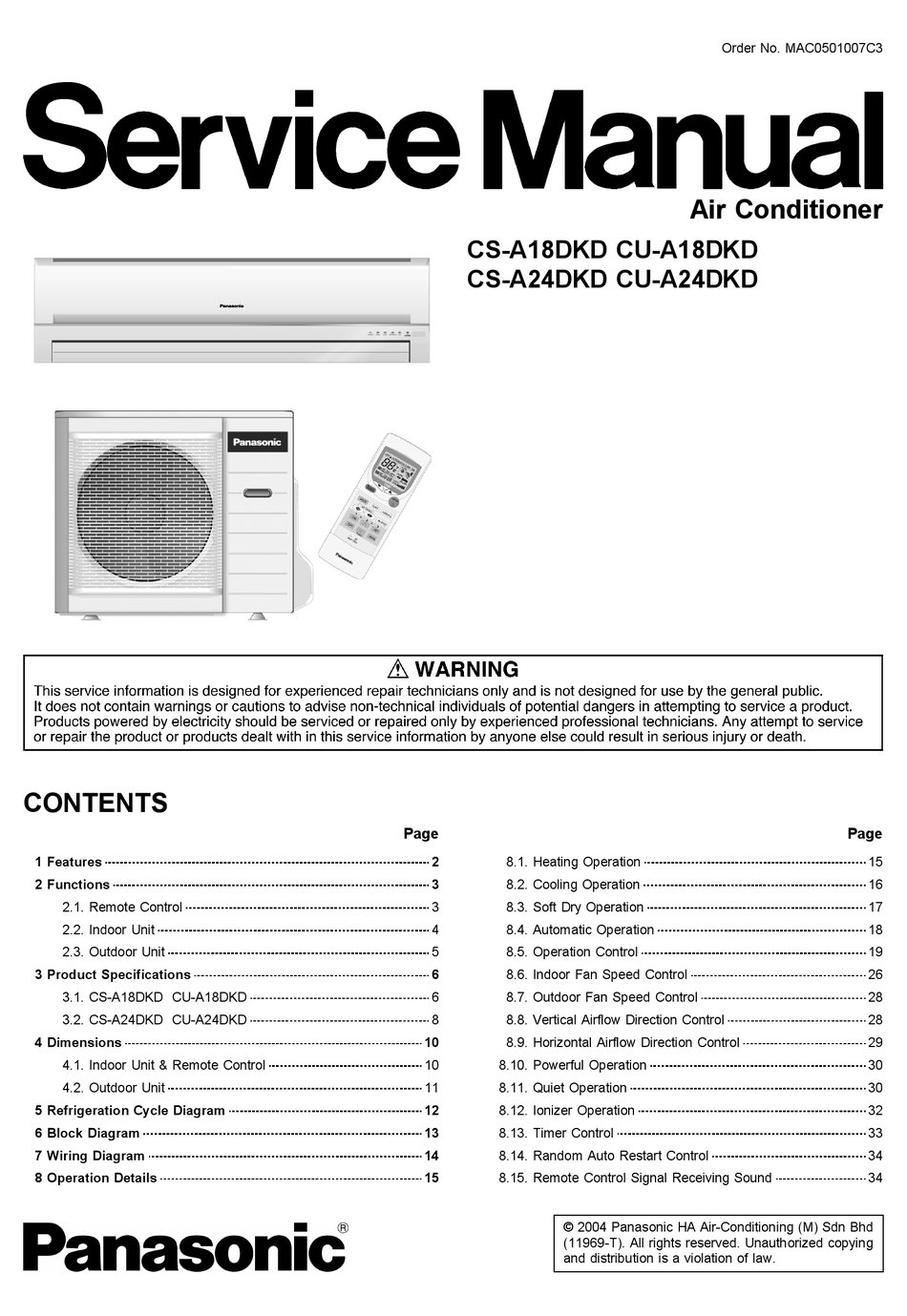 PANASONIC CSA18DKD AIR CONDITIONER SERVICE MANUAL ManualsLib