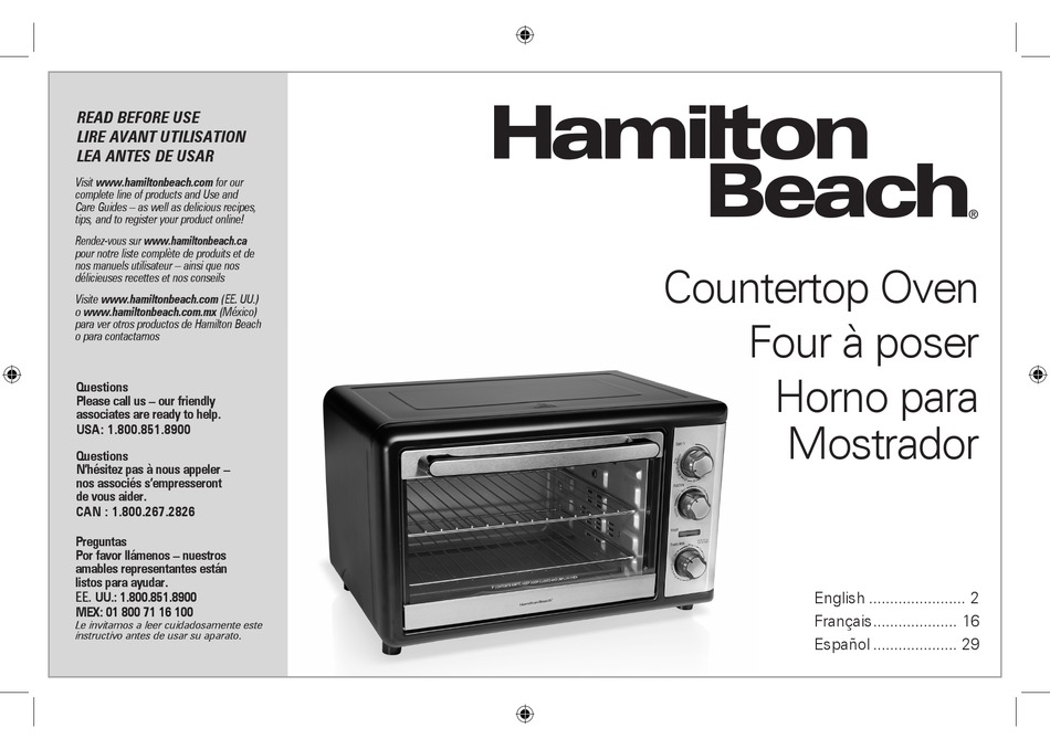 Hamilton Beach 31106 Oven Manual, Hamilton Beach Countertop Oven With Convection Rotisserie Black Model 31101