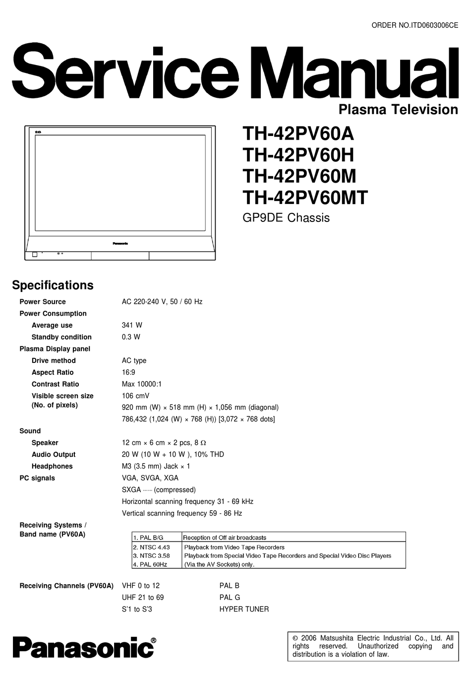 Panasonic Th 42pv60a Service Manual Pdf Download Manualslib