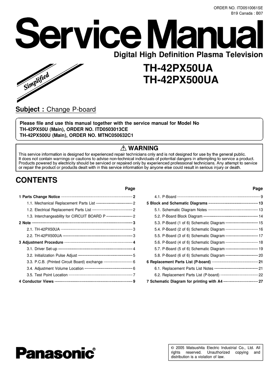 Panasonic Th 42px50ua Service Manual Pdf Download Manualslib