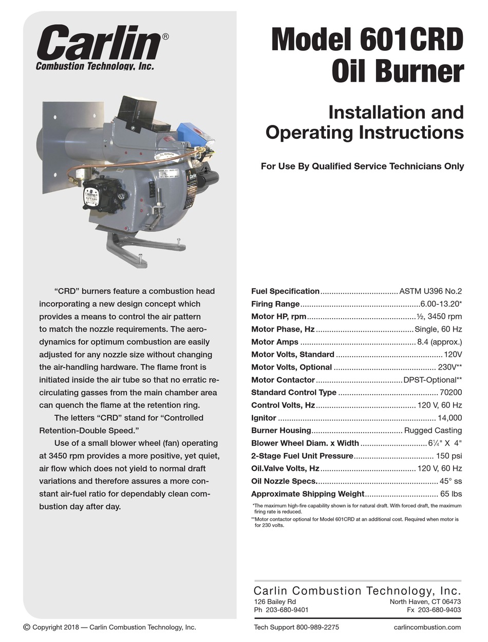 CARLIN 601CRD BURNER INSTALLATION AND OPERATING INSTRUCTIONS MANUAL ...