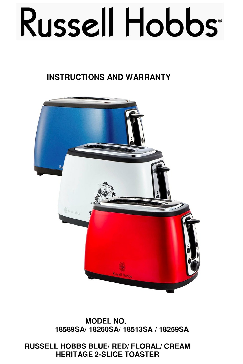 RUSSELL HOBBS 18589SA TOASTER INSTRUCTIONS AND WARRANTY ManualsLib