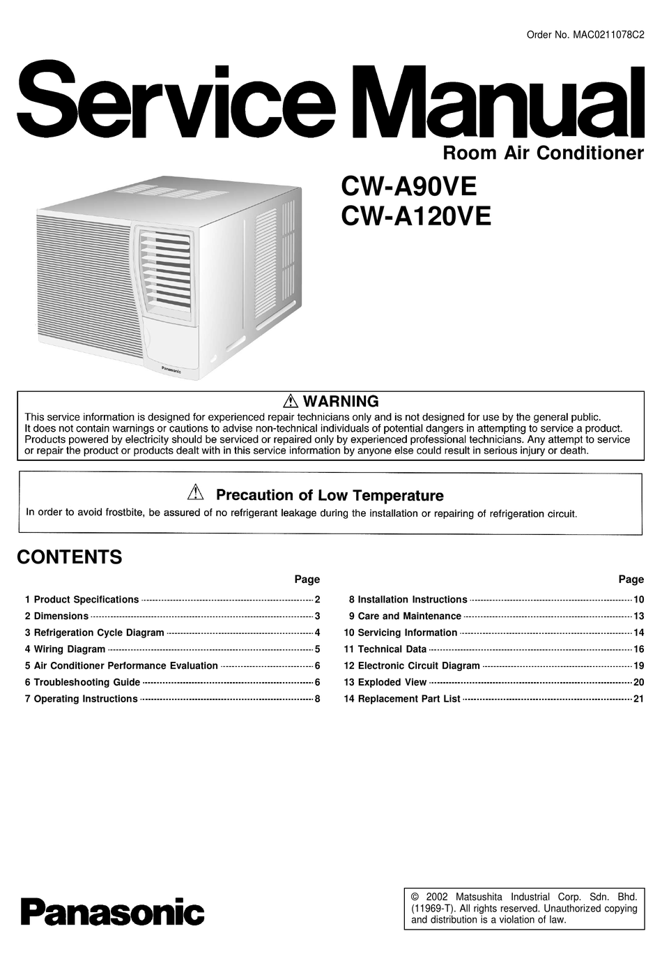 PANASONIC CWA90VE AIR CONDITIONER SERVICE MANUAL ManualsLib