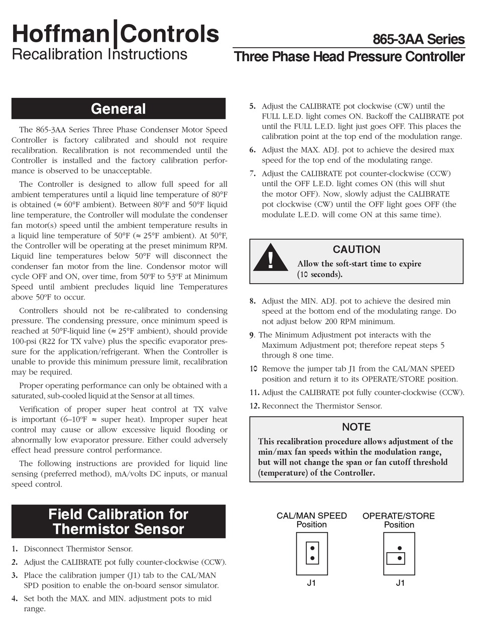 HOFFMAN CONTROLS 865-3AA SERIES CONTROLLER RECALIBRATION INSTRUCTIONS ...