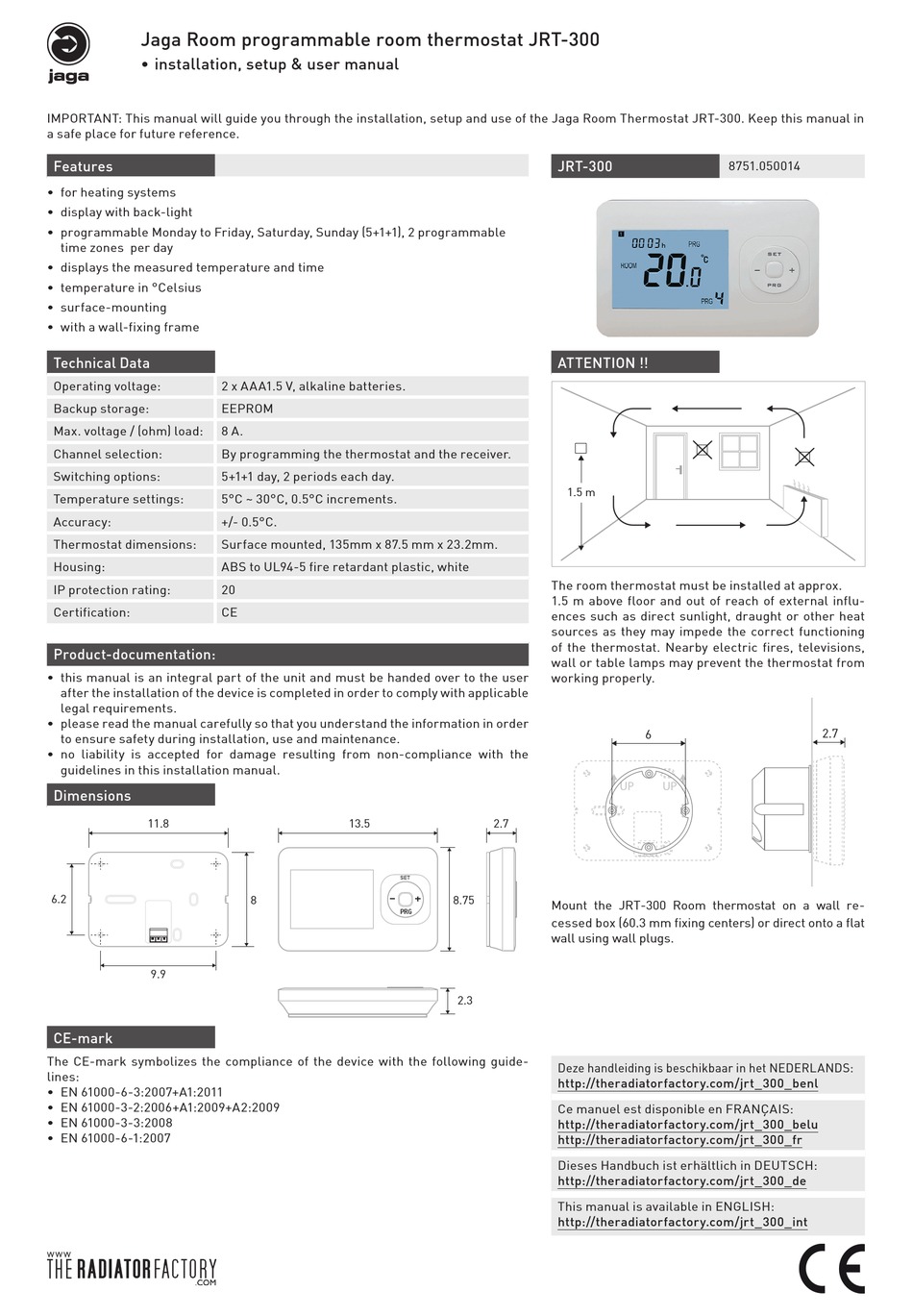 JAGA JRT300 THERMOSTAT INSTALLATION, SETUP & USER MANUAL ManualsLib