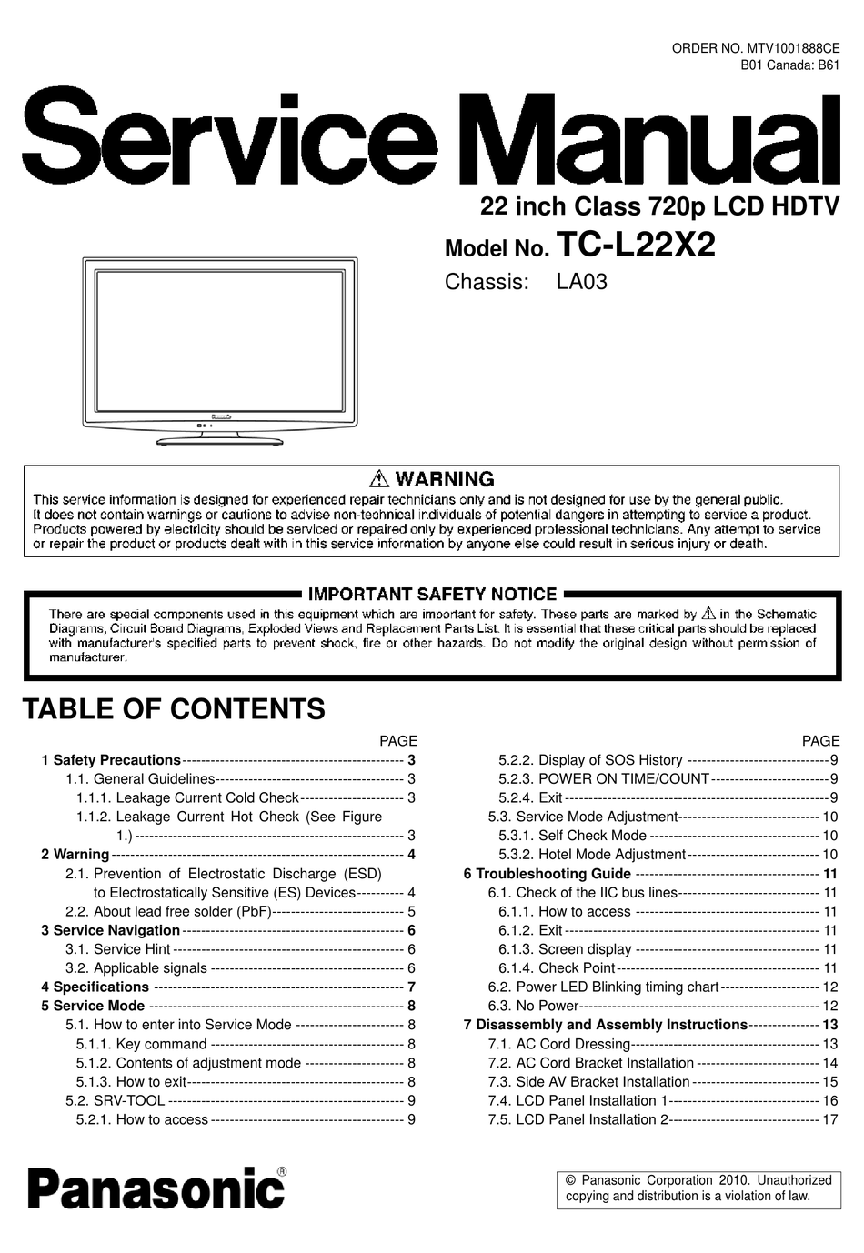 PANASONIC TCL22X2 LCD TV SERVICE MANUAL ManualsLib