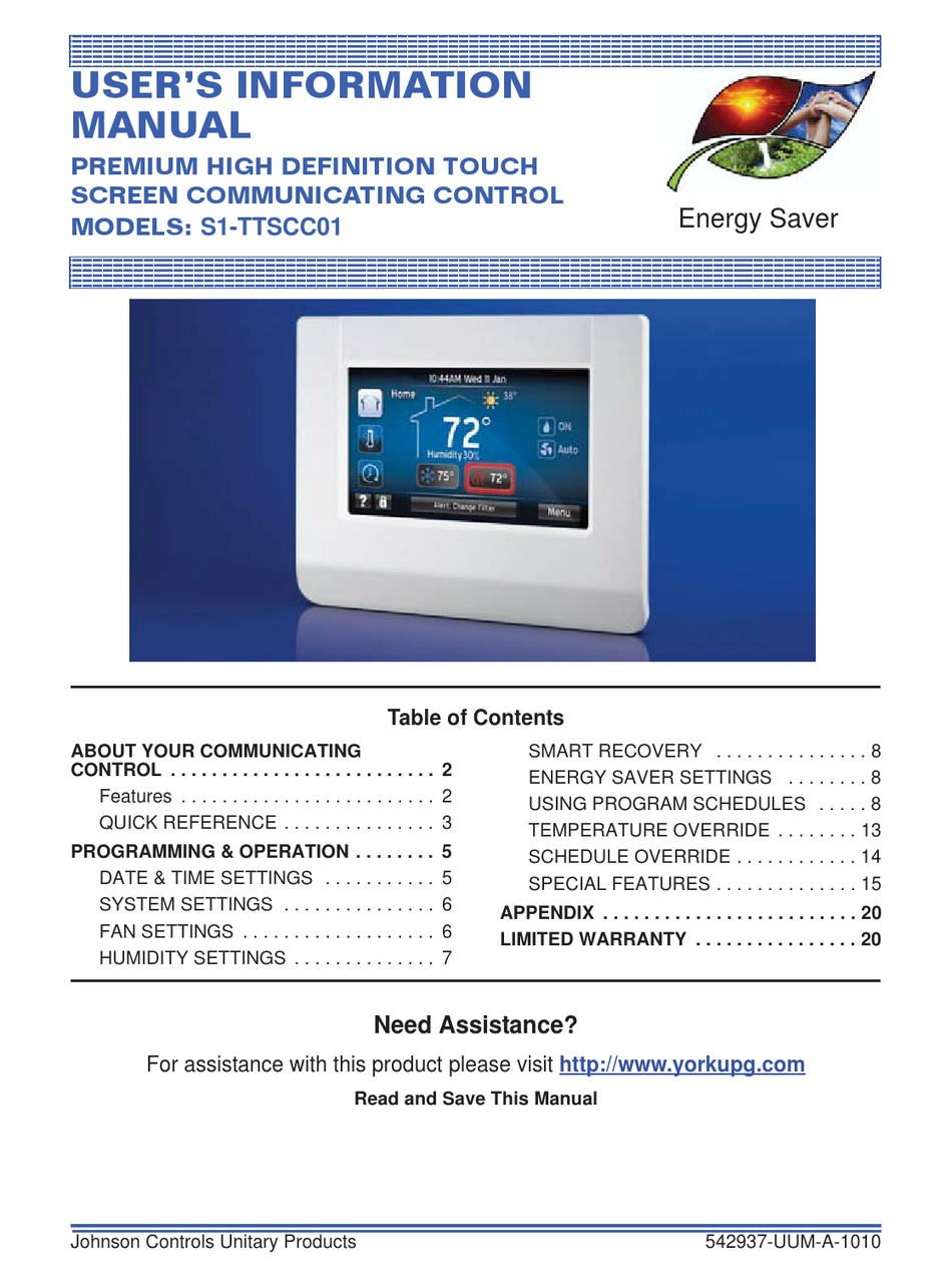 JOHNSON CONTROLS S1-TTSCC01 TOUCH PANEL USER'S INFORMATION MANUAL ...