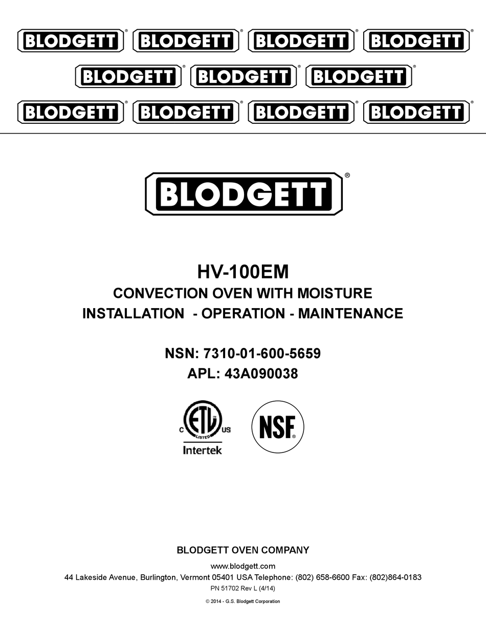 BLODGETT HV100EM CONVECTION OVEN INSTALLATION, OPERATION & MAINTENANCE