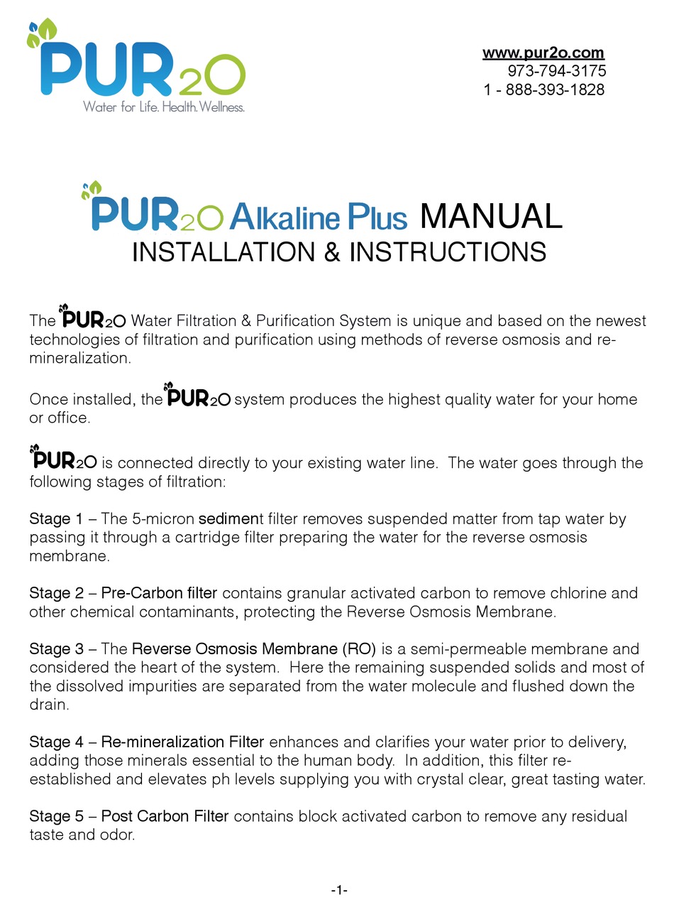 PUR2O ALKALINE PLUS WATER FILTRATION SYSTEM INSTALLATION INSTRUCTIONS