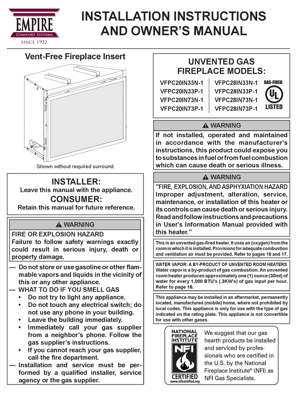 EMPIRE COMFORT SYSTEMS VFPC20IN33N-1 INDOOR FIREPLACE INSTALLATION ...