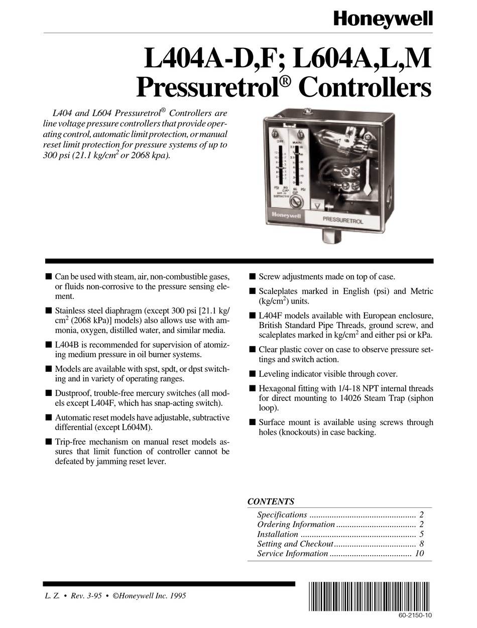 HONEYWELL PRESSURETROL L404 SERIES MANUAL Pdf Download | ManualsLib