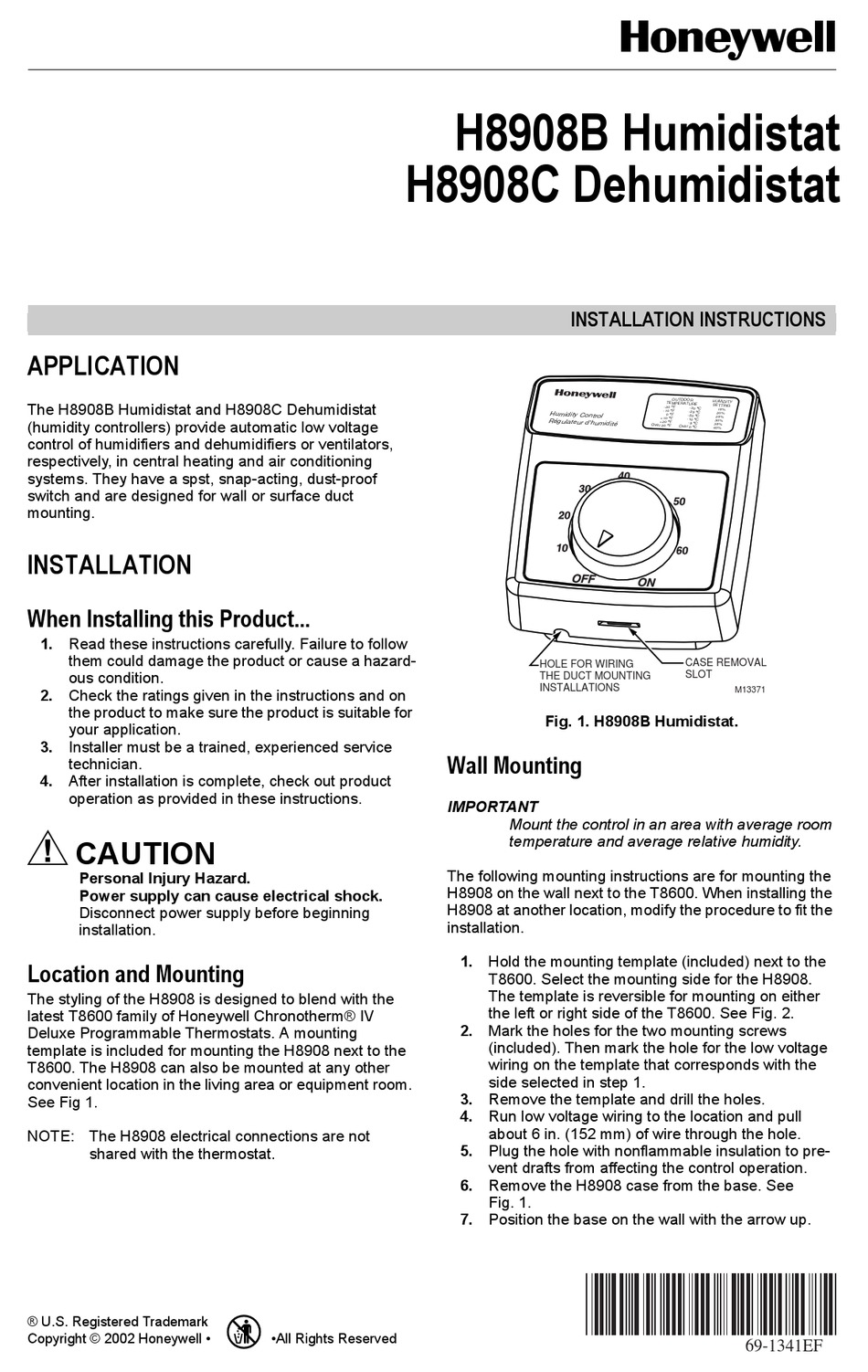 Honeywell H8908ASPST Manual Humidistat Control Low-Voltage