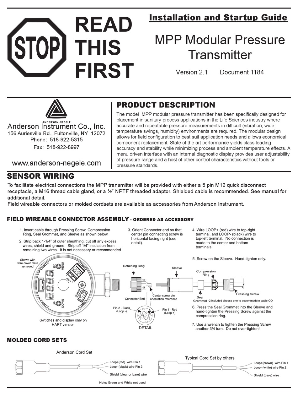 ANDERSONNEGELE MPP TRANSMITTER INSTALLATION AND STARTUP MANUAL