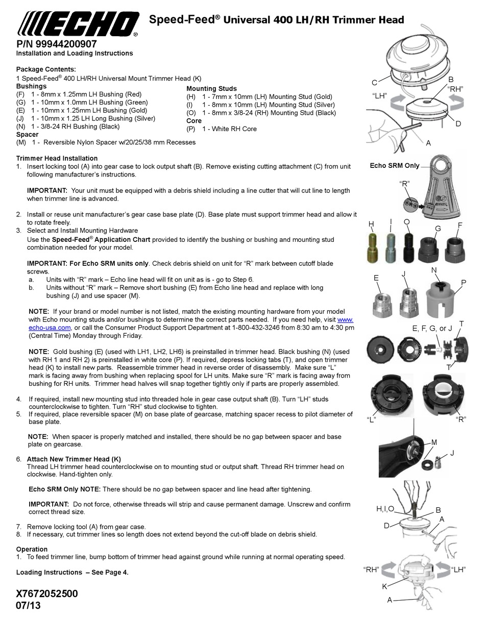 Echo Speed Feed Universal 400 Lh Rh Installation And Loading Instructions Pdf Download Manualslib