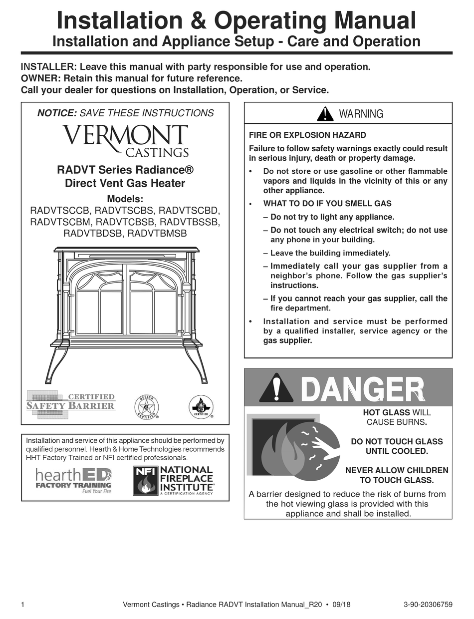 VERMONT CASTINGS RADIANCE RADVT SERIES GAS HEATER INSTALLATION