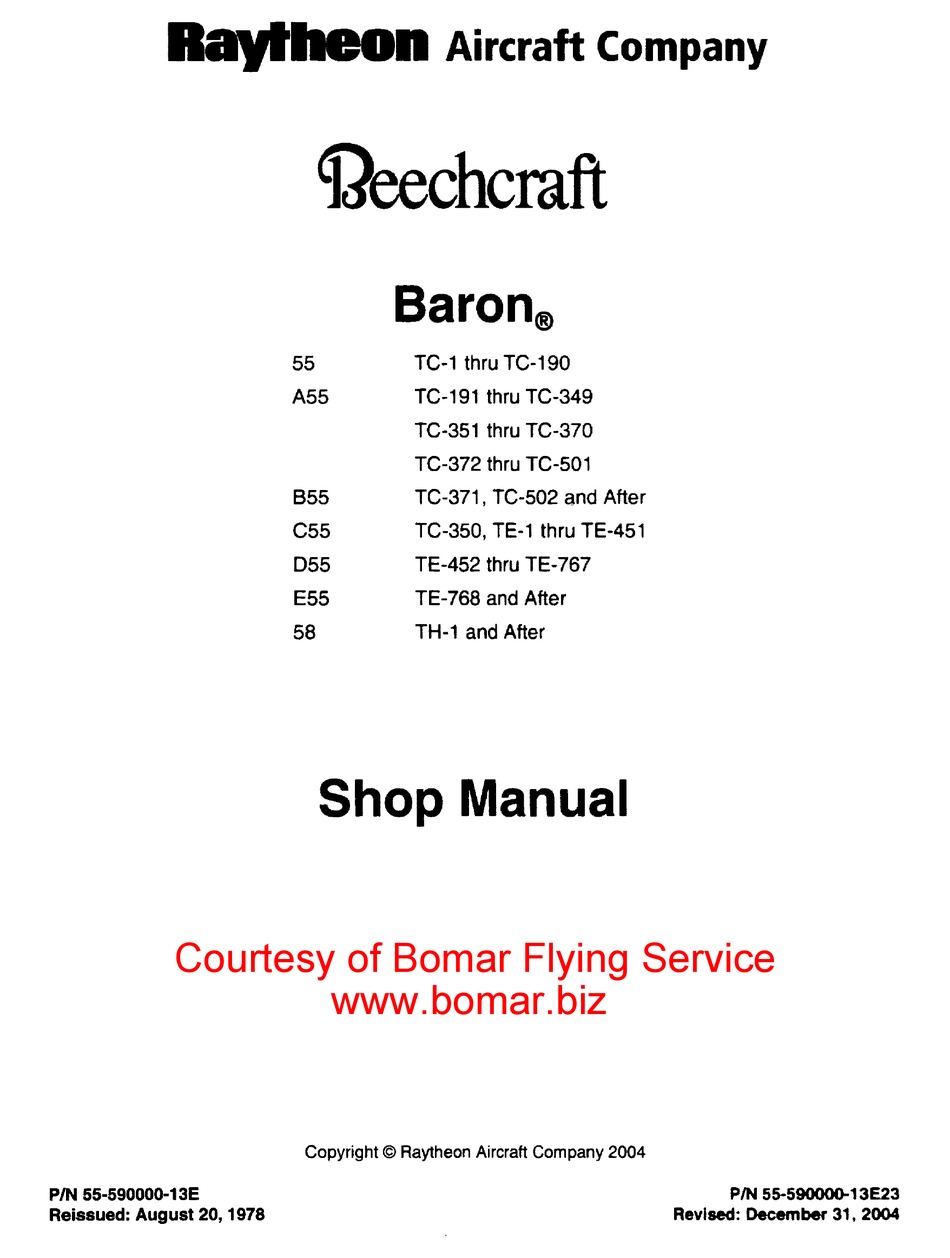 Raytheon Beech Baron A55 Shop Manual Pdf Download Manualslib