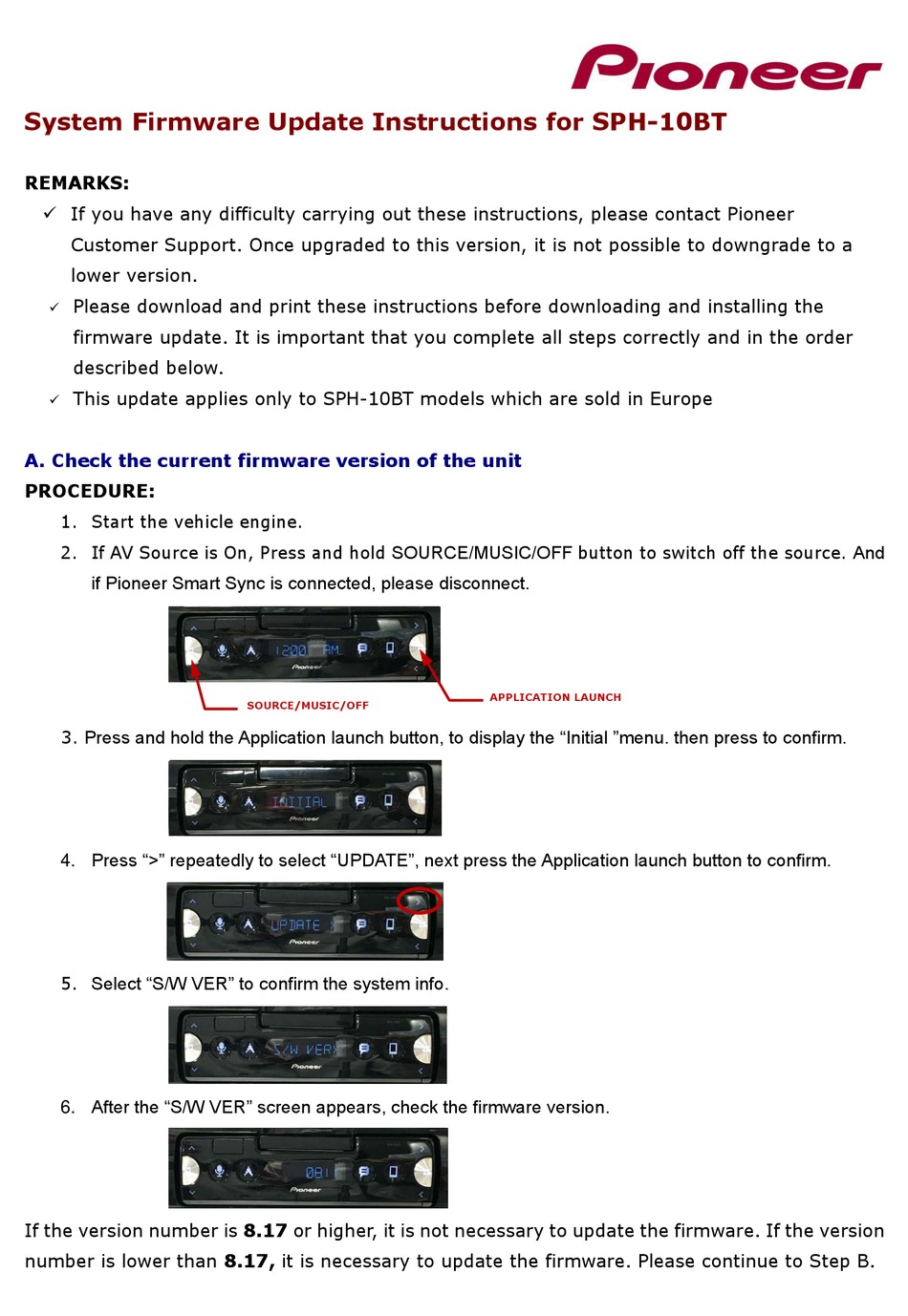 PIONEER SPH-10BT FIRMWARE UPDATE INSTRUCTIONS Pdf Download | ManualsLib