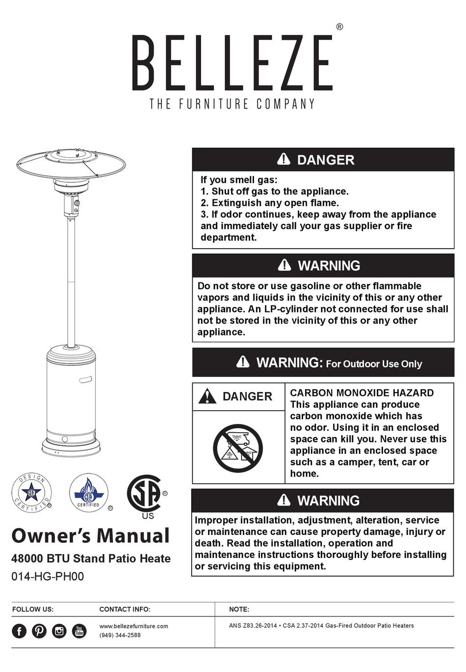 BELLEZE 014HGPH00 PATIO HEATER OWNER'S MANUAL ManualsLib