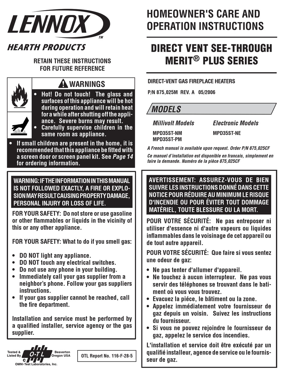 LENNOX MERIT PLUS SERIES GAS HEATER HOMEOWNER'S CARE AND OPERATION
