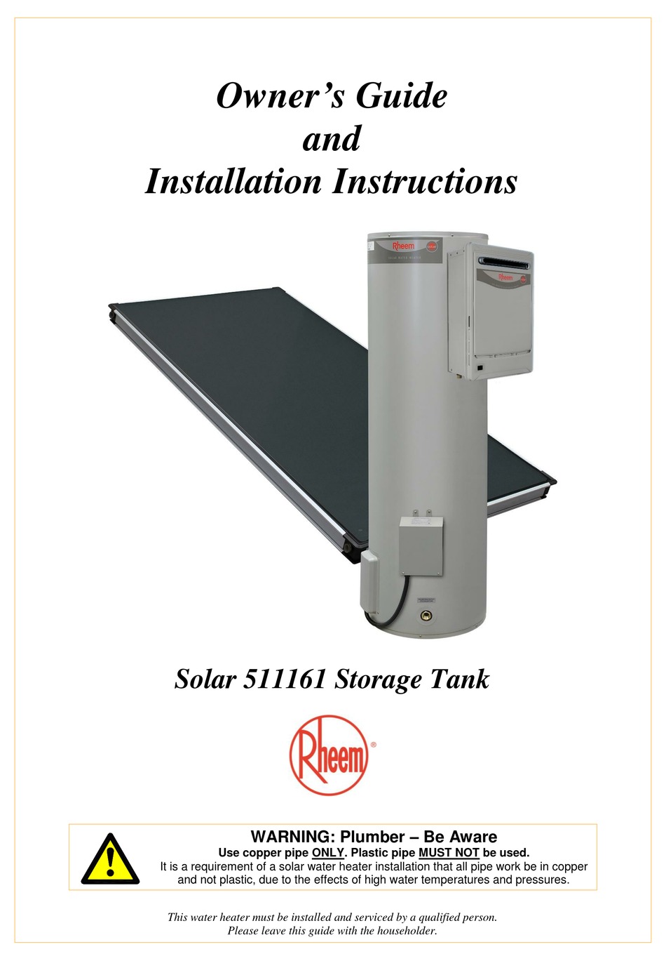 RHEEM 511161 WATER HEATER OWNER'S MANUAL AND INSTALLATION INSTRUCTIONS ...