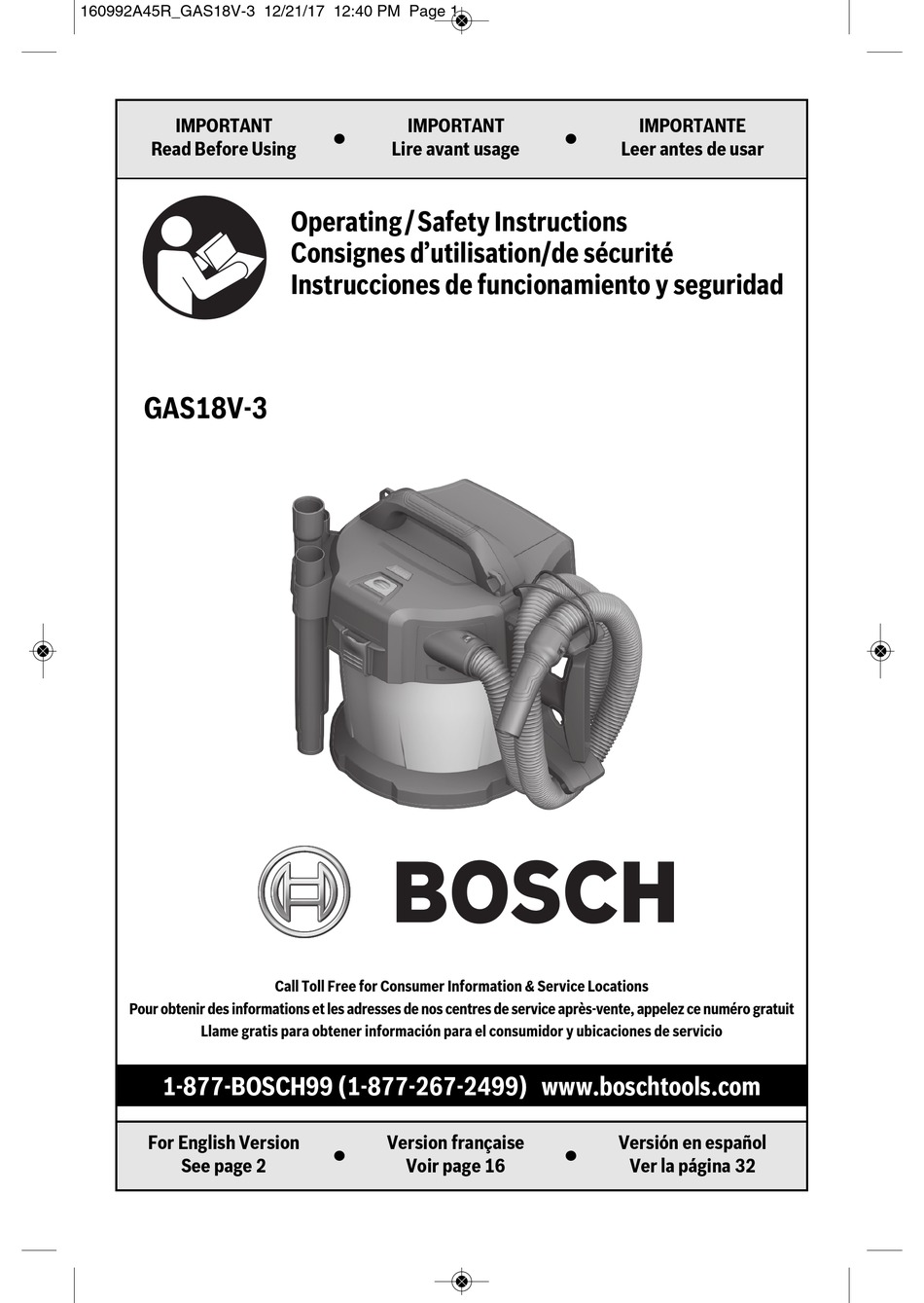 BOSCH GAS18V3 VACUUM CLEANER OPERATING INSTRUCTIONS AND SAFETY