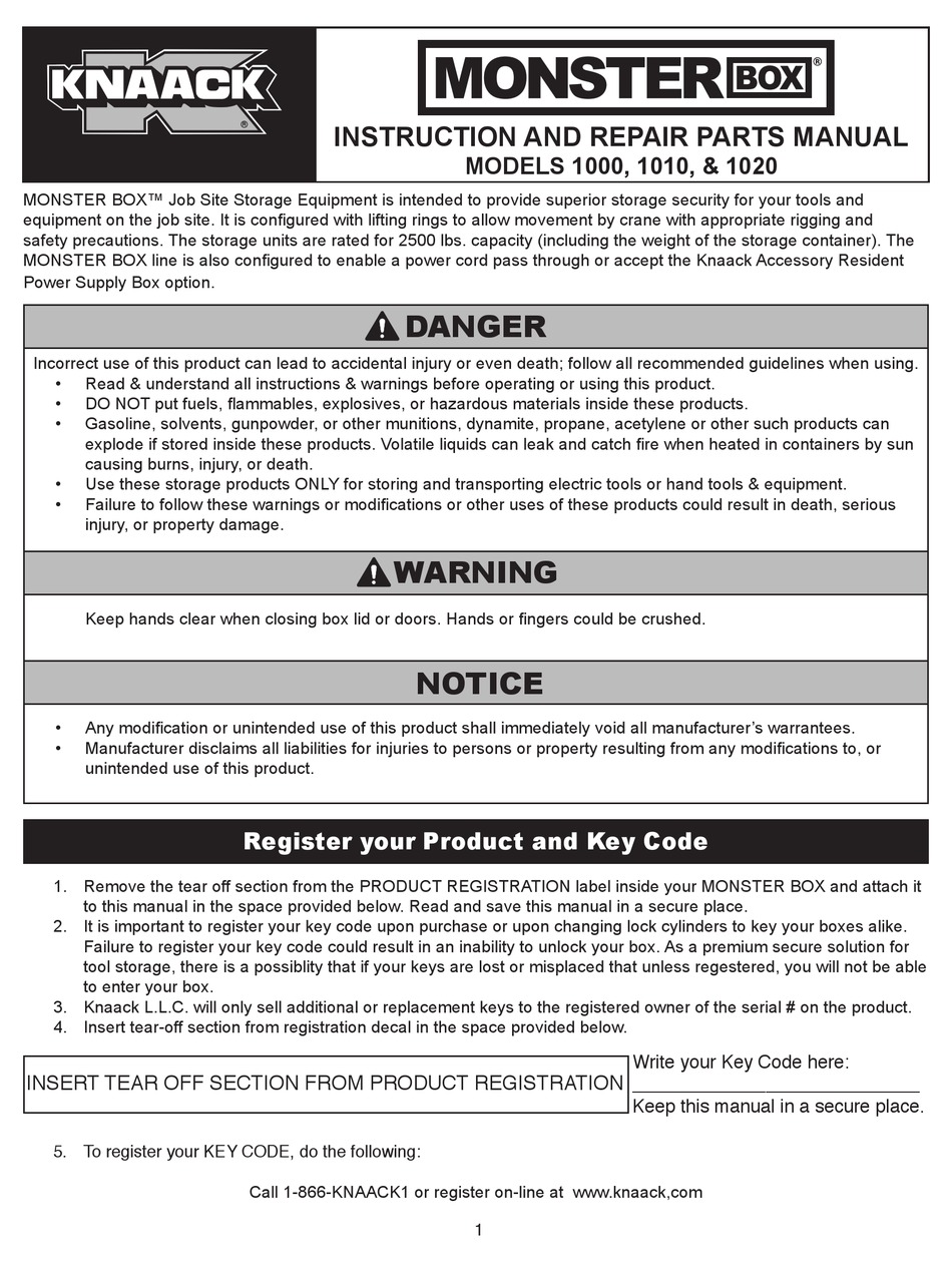 KNAACK MONSTER BOX SERIES TOOL STORAGE INSTRUCTION AND REPAIR PARTS