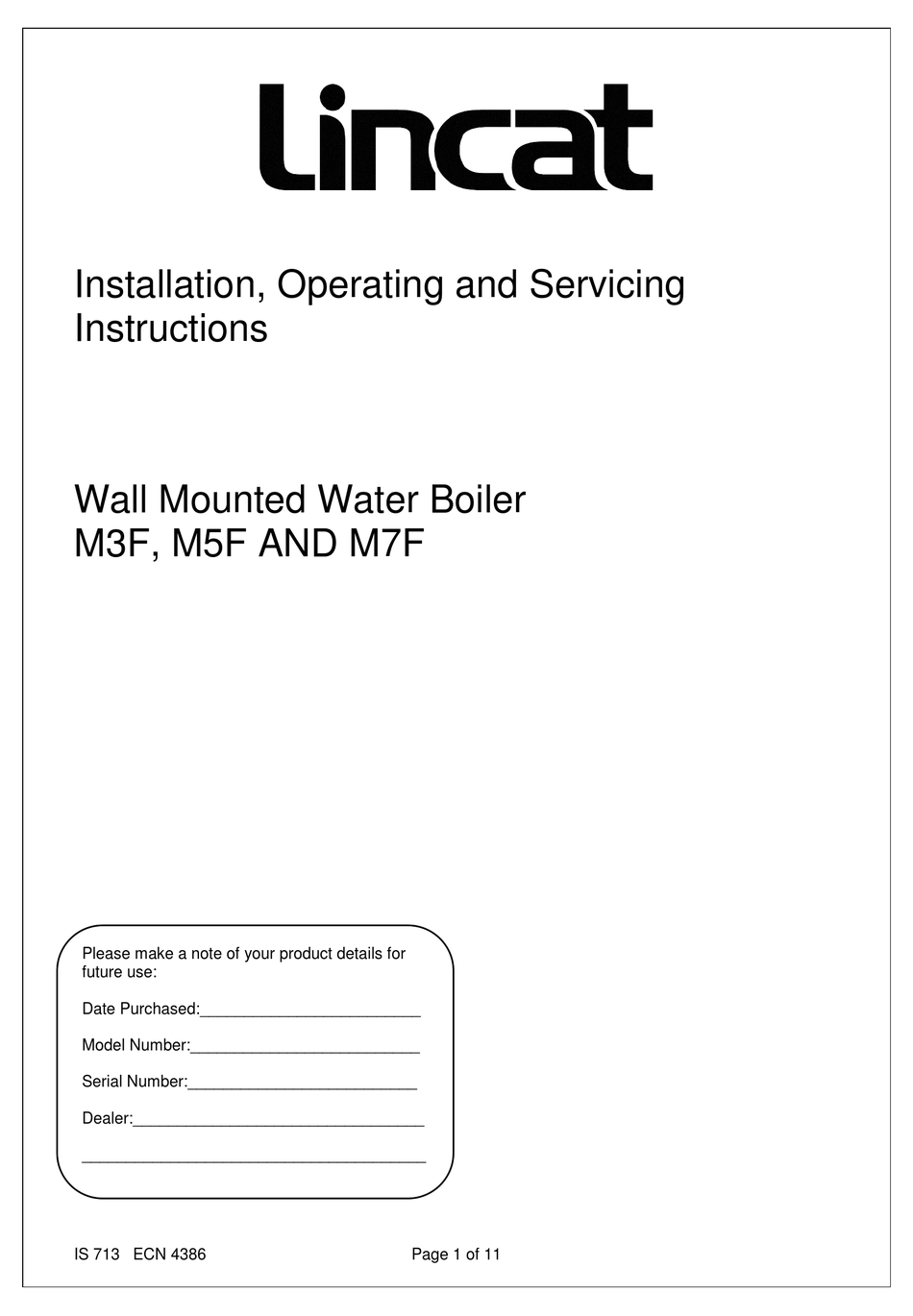 LINCAT M7F BOILER INSTALLATION, OPERATING AND SERVICING INSTRUCTIONS