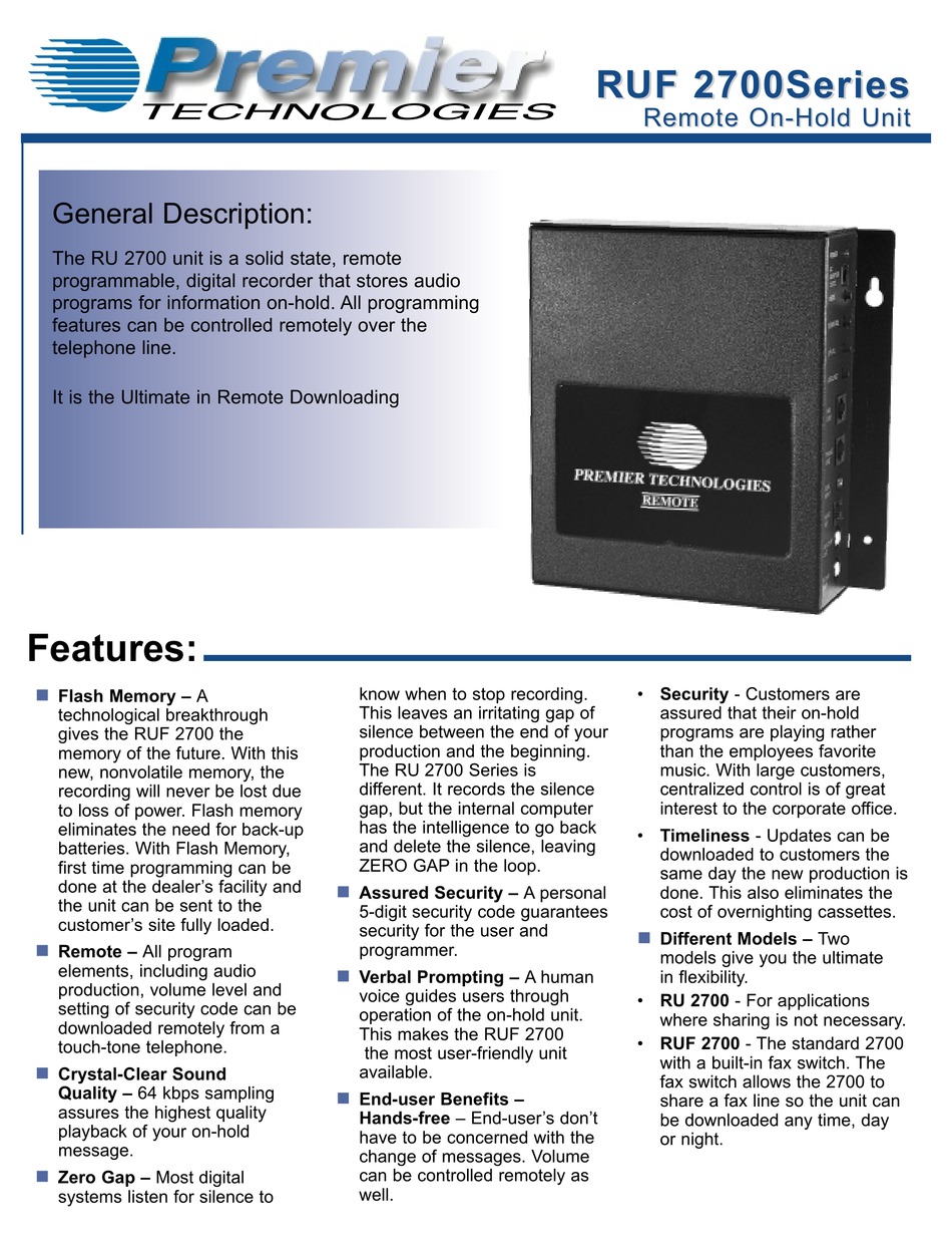 PREMIER TECHNOLOGIES RUF 2700 SERIES QUICK START MANUAL Pdf Download ManualsLib