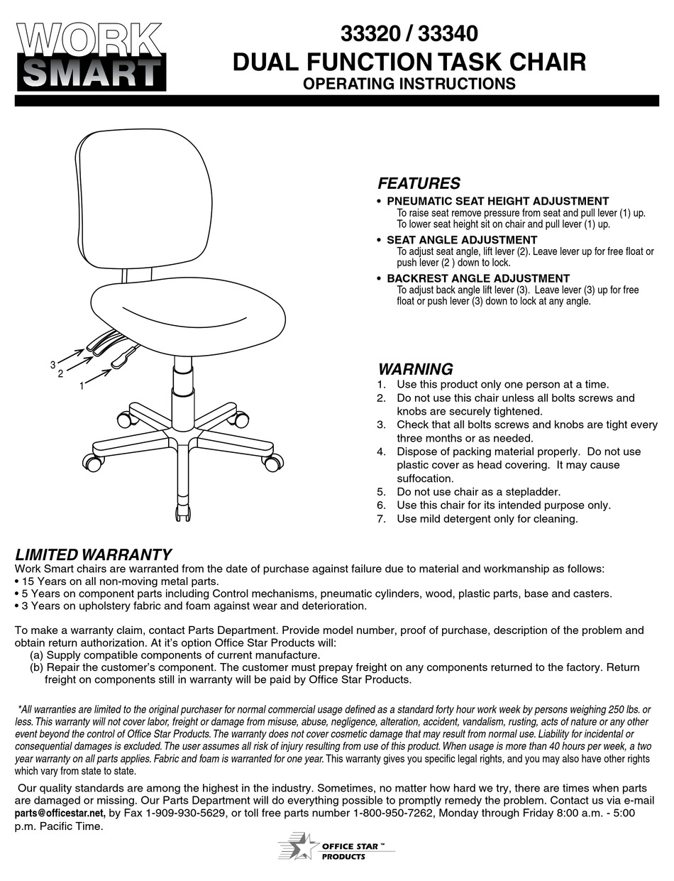 OFFICE STAR PRODUCTS 33320 INDOOR FURNISHING OPERATING INSTRUCTIONS