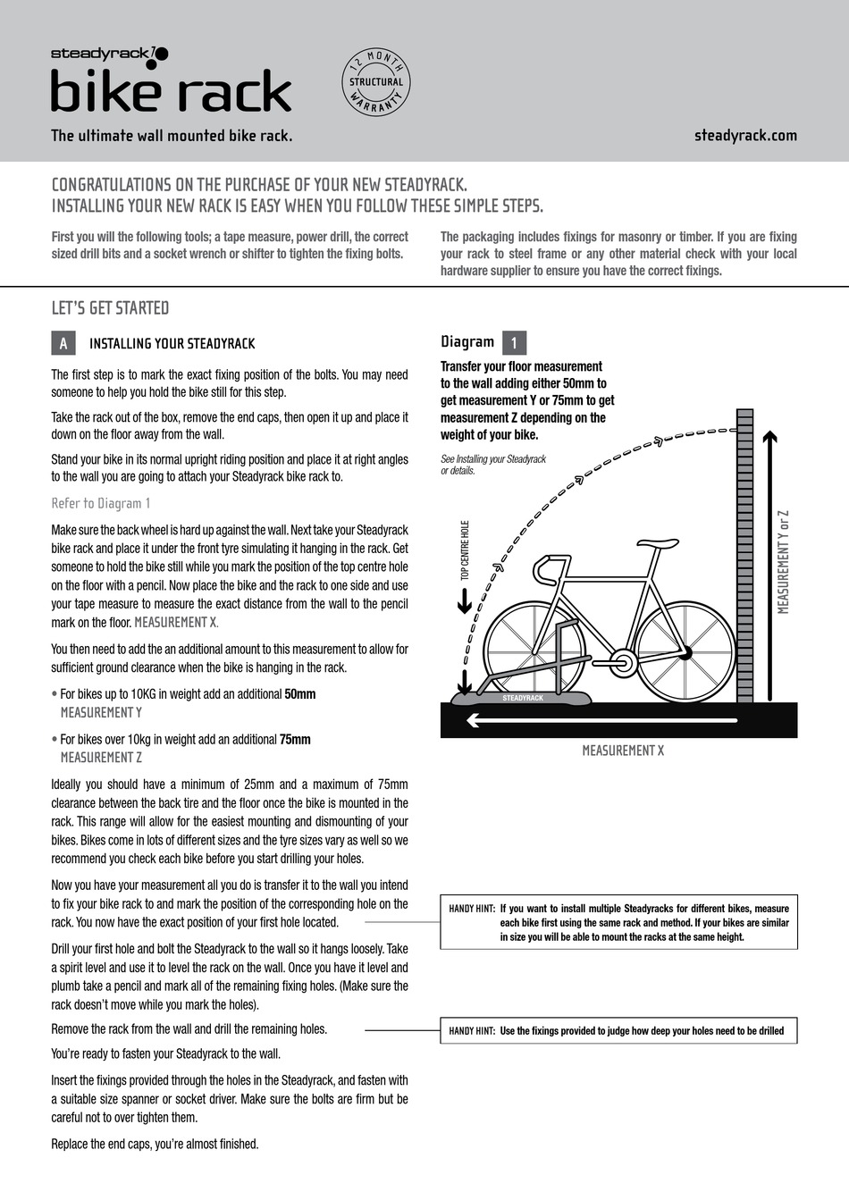 steadyrack distance between