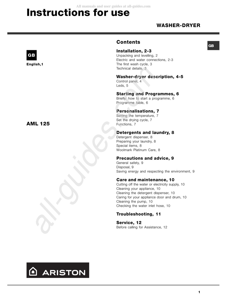 ARISTON AML 125 WASHER/DRYER INSTRUCTIONS FOR USE MANUAL ManualsLib