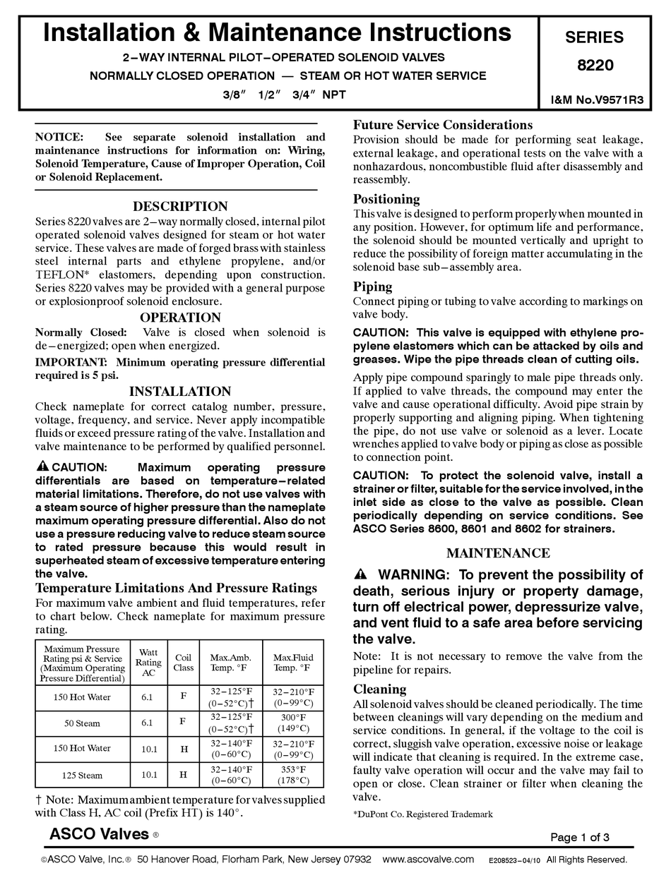 ASCO 8220 SERIES INSTALLATION & MAINTENANCE INSTRUCTIONS Pdf Download