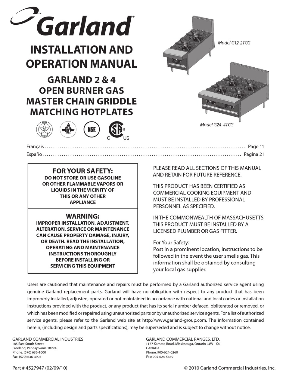 GARLAND G12-2TCG INSTALLATION AND OPERATION MANUAL Pdf Download