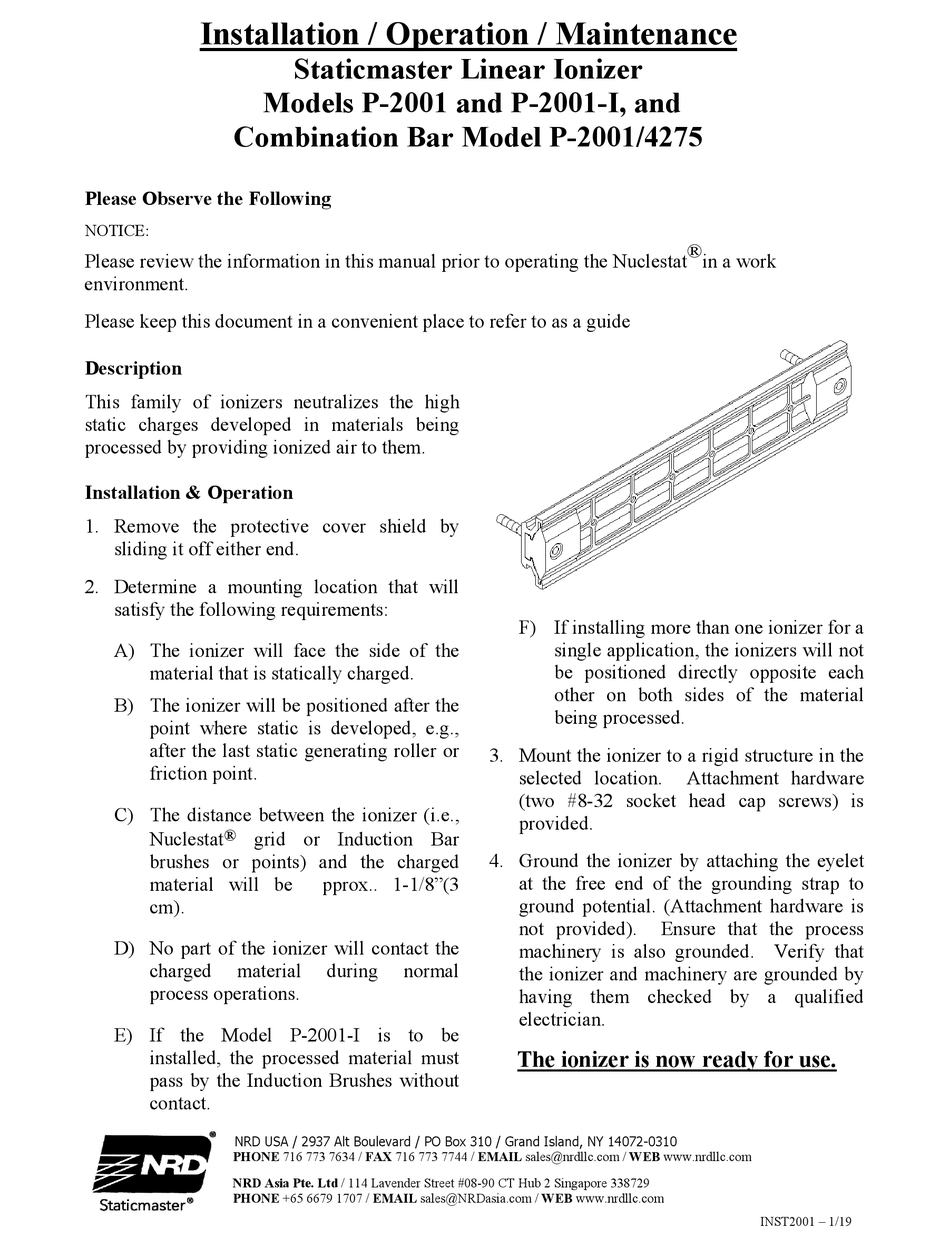 NRD STATICMASTER P-2001 INSTALLATION, OPERATION AND MAINTENANCE MANUAL ...