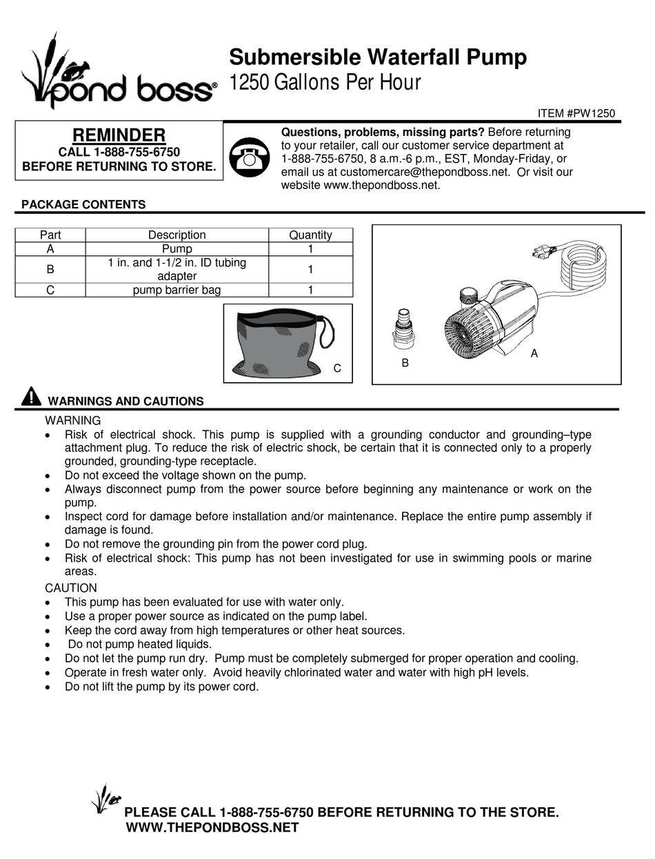 POND BOSS PW1250 WATER PUMP MANUAL ManualsLib