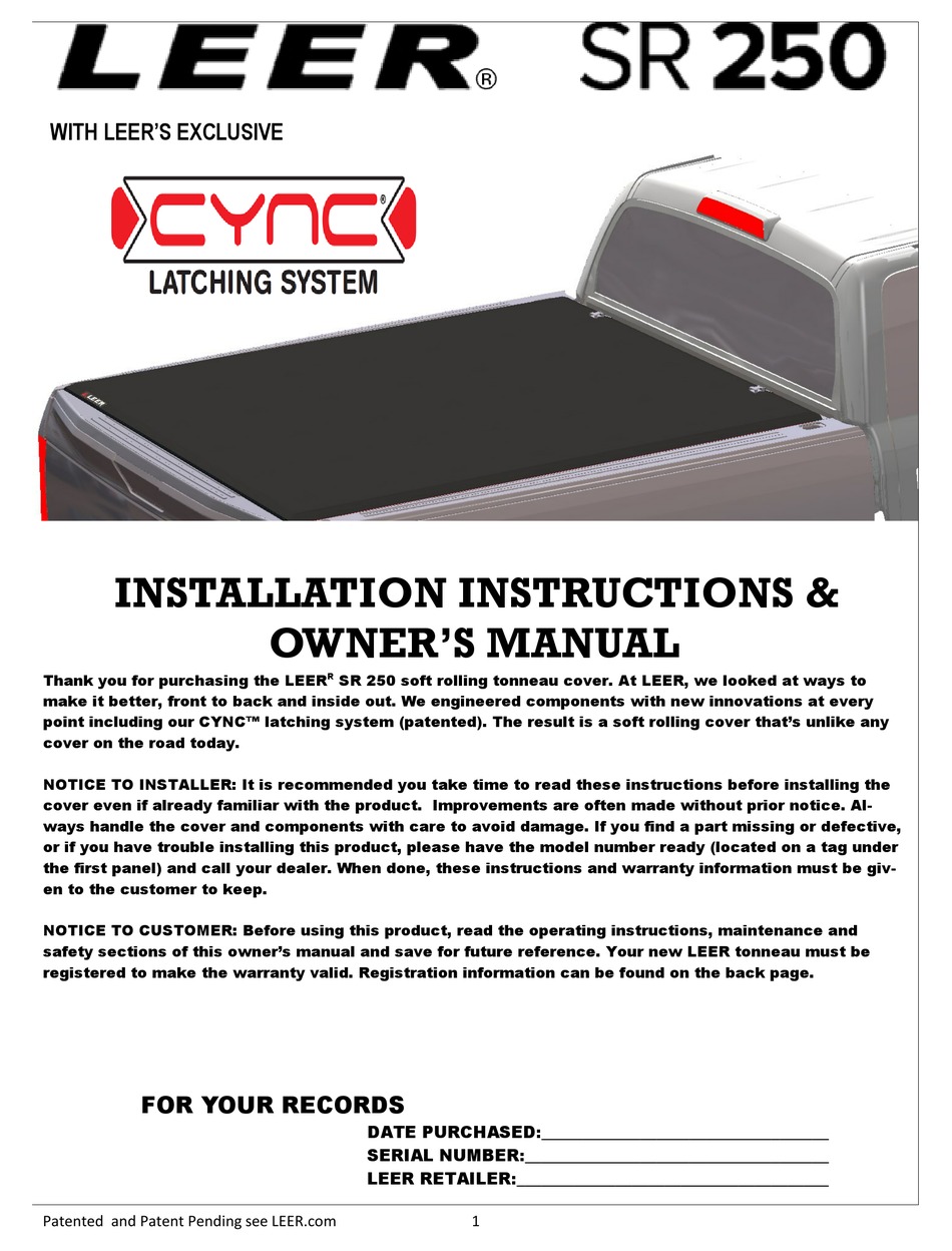 LEER SR 250 INSTALLATION INSTRUCTIONS & OWNER'S MANUAL Pdf Download