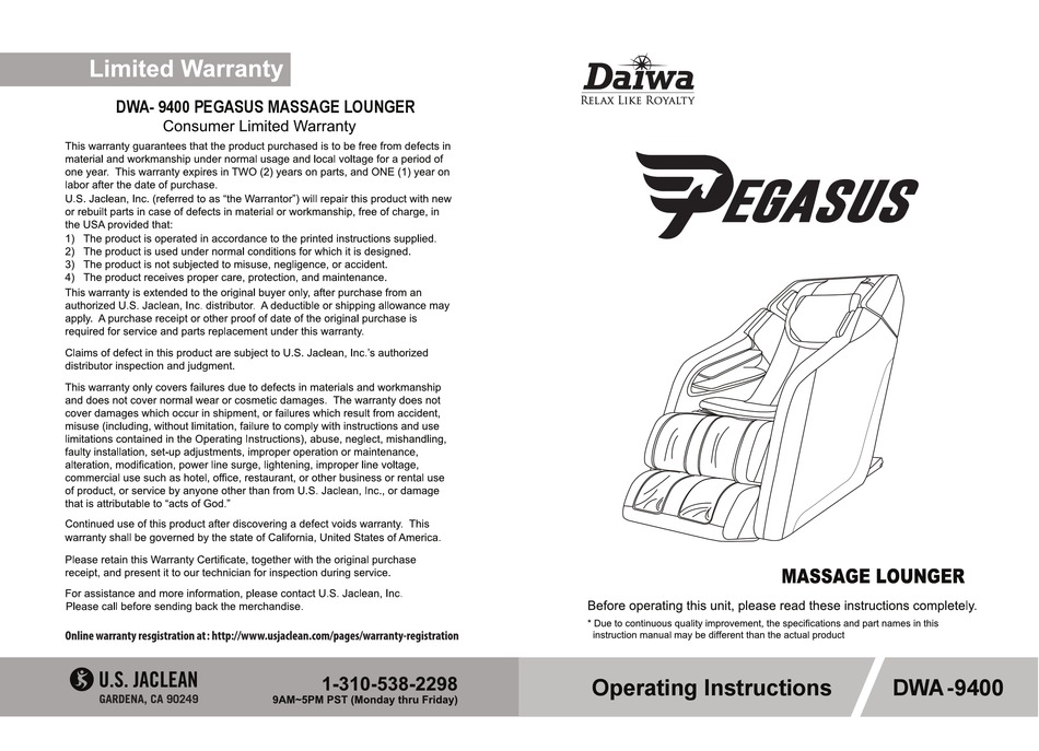 DAIWA PEGASUS DWA9400 MASSAGER OPERATING INSTRUCTIONS MANUAL ManualsLib