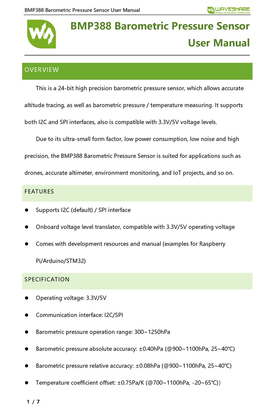 BMP388 Barometric Pressure Sensor 24-bit High Precision Altimeter Altitude Temperature Measuring I2C//SPI Interface 3.3V//5V for Raspberry Pi @XYGStudy