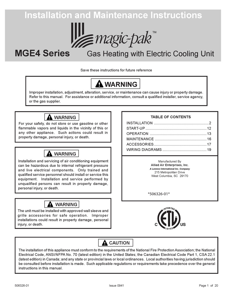 MAGICPAK MGE40918 HEATING SYSTEM INSTALLATION AND MAINTENANCE