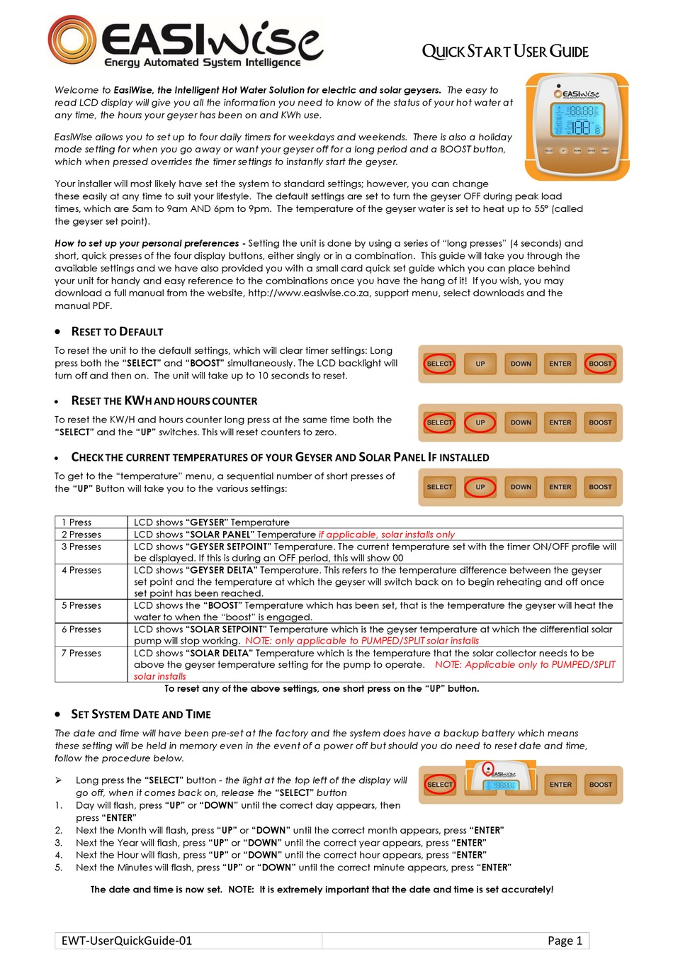 EASIWISE STANDARD CONTROL PANEL QUICK START USER MANUAL | ManualsLib