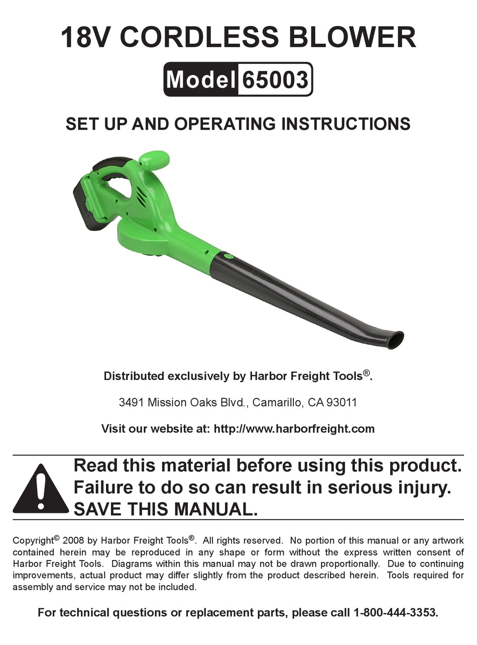 HARBOR FREIGHT TOOLS 65003 BLOWER SET UP AND OPERATING INSTRUCTIONS