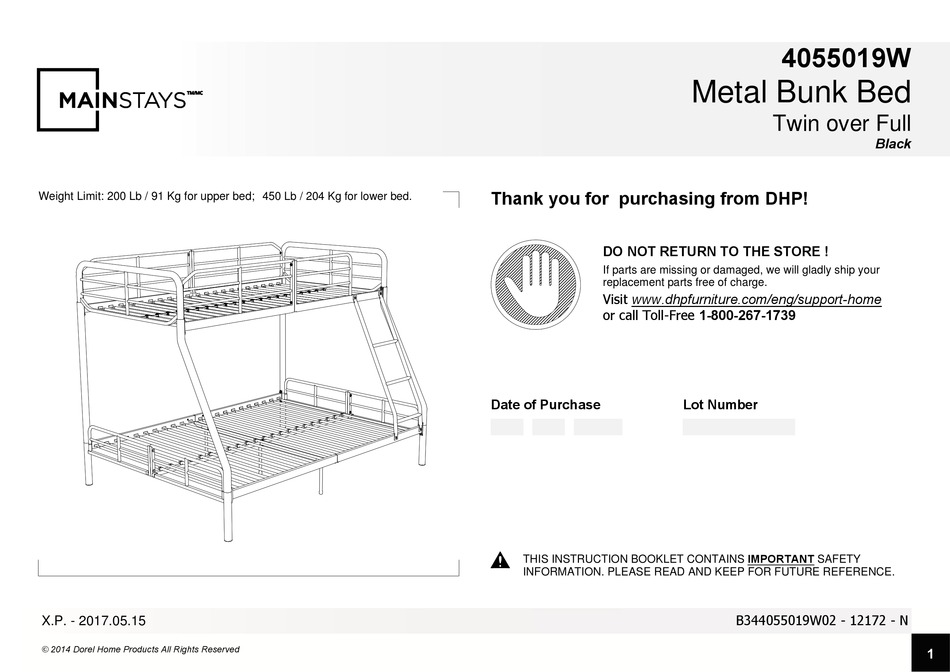 Dorel Home S Mainstays 4055019w, Bunk Bed Instruction Manual