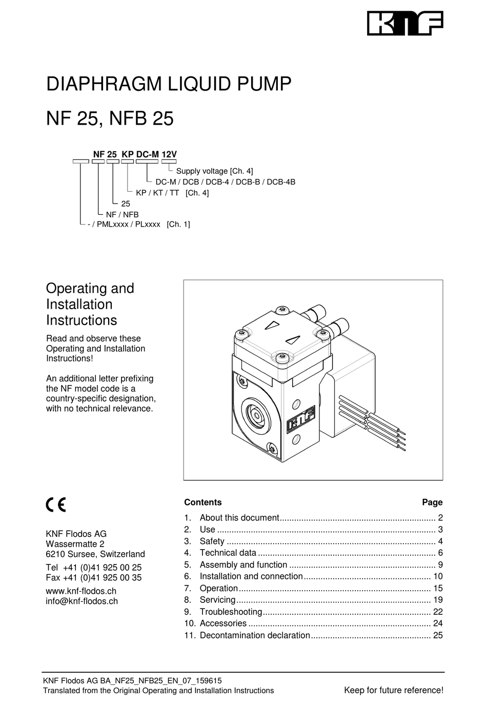 KNF NF 25 SERIES WATER PUMP OPERATING AND INSTALLATION INSTRUCTIONS